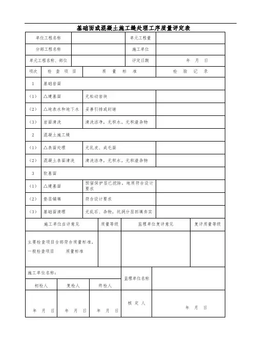 基础面或混凝土施工缝处理工序质量评定表