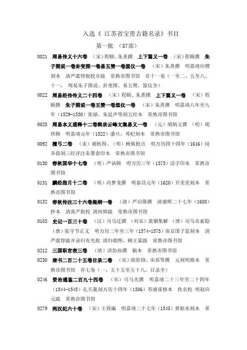 入选江苏省宝贵古籍名录书目