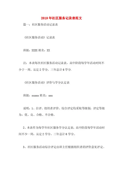 2019年社区服务记录表范文