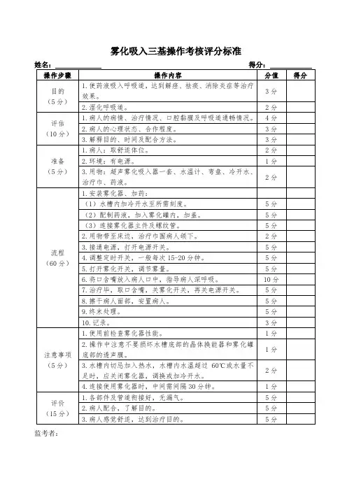 雾化吸入三基操作考核评分标准