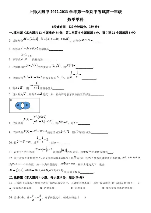 2022-2023学年上海师范大学附属中学高一上学期期中考试数学试卷含详解