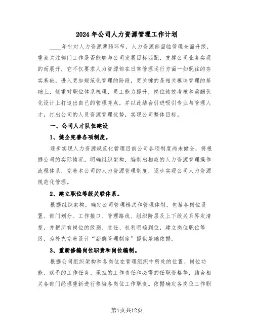2024年公司人力资源管理工作计划（2篇）