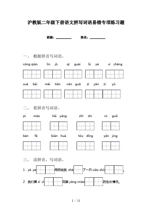 沪教版二年级下册语文拼写词语易错专项练习题