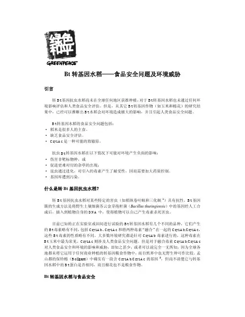 Bt 转基因水稻——食品安全问题及环境威胁