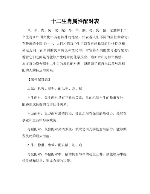 十二生肖属性配对表
