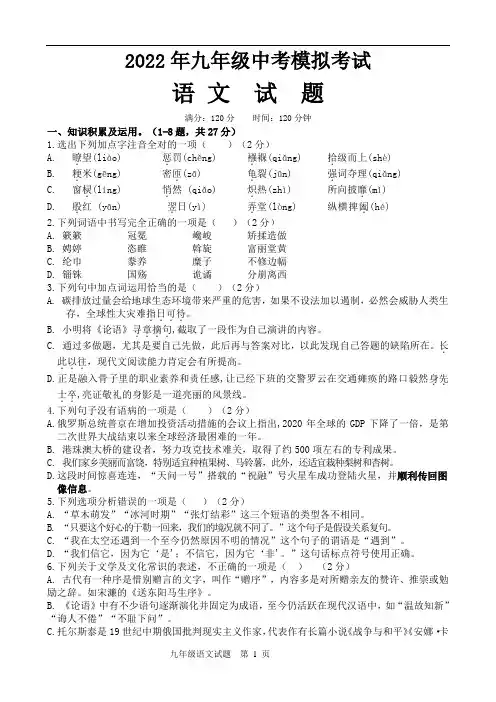 2022年人教版九年级语文中考模拟试题(含答案)