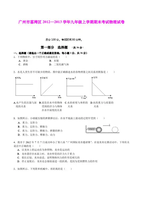 广州市荔湾区2012—2013学年九年级上学期期末考试物理试卷