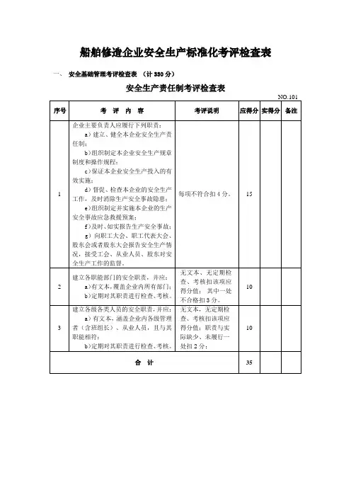 船舶修造企业安全生产标准化考评检查表