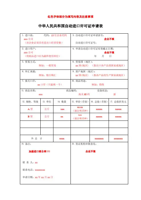 中华人民共和国自动进口许可证申请表