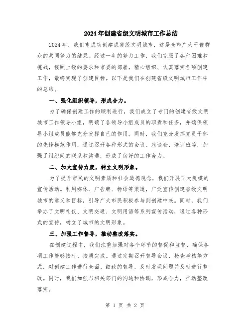 2024年创建省级文明城市工作总结