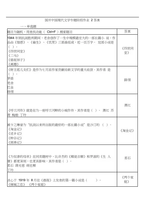 2020国开中国现代文学专题阶段作业2-4答案
