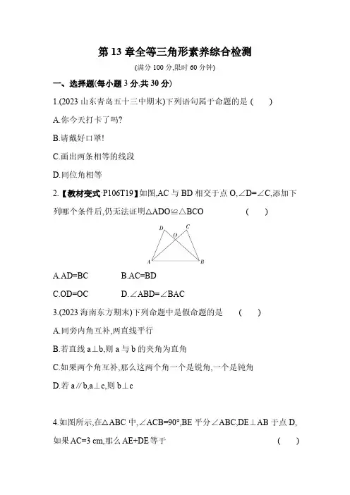 第13章 全等三角形 华东师大版数学八年级上册素养检测(含解析)