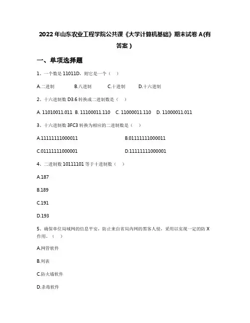 2022年山东农业工程学院公共课《大学计算机基础》期末试卷A(有答案)