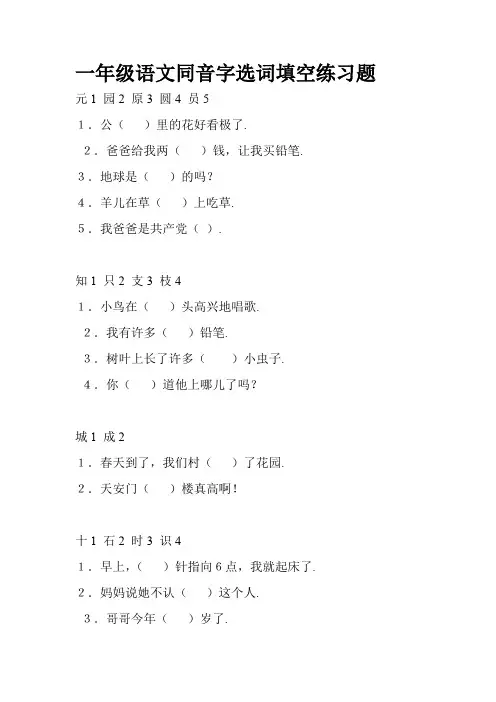 一年级语文同音字选词填空期末专项练习题