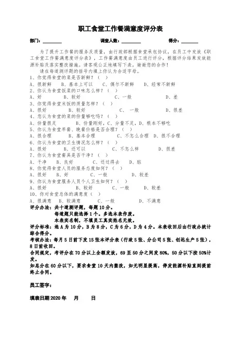 6.职工食堂工作餐满意度评分表
