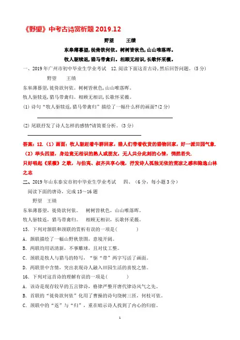 《野望》历届中考古诗赏析题2019.10