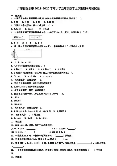广东省深圳市2019-2020学年小学五年级数学上学期期末考试试题