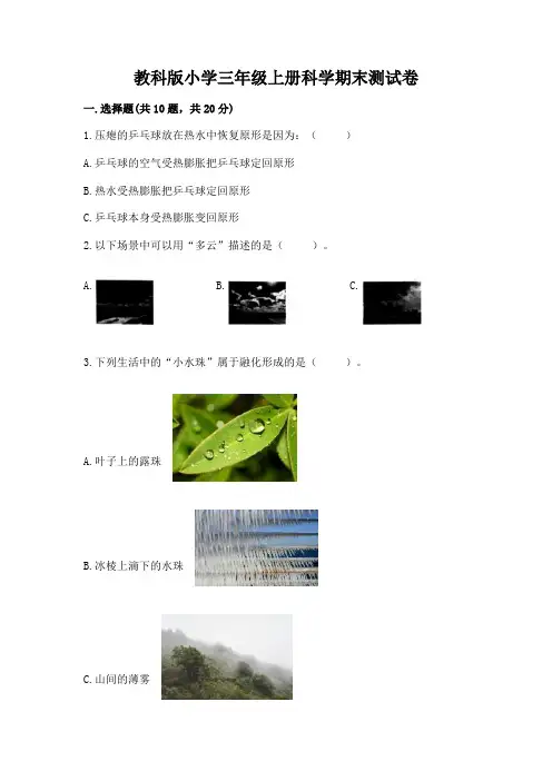 教科版小学三年级上册科学期末测试卷附参考答案【黄金题型】