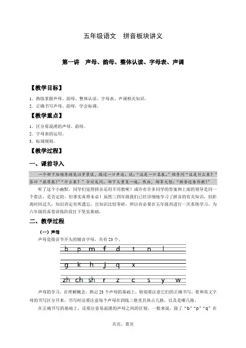 部编版小学语文  五年级专题知识拓展提升讲义  声母、韵母、整体认读、字母表、声调
