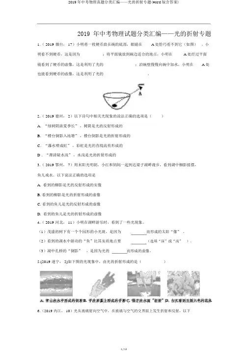 2019年中考物理真题分类汇编——光的折射专题(word版含答案)