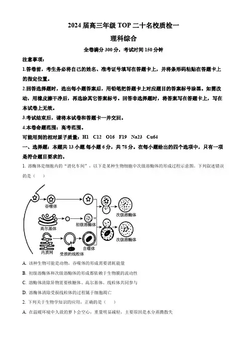 精品解析：2024届河南省高三下学期TOP二十名校质检一理综生物试题(原卷版)