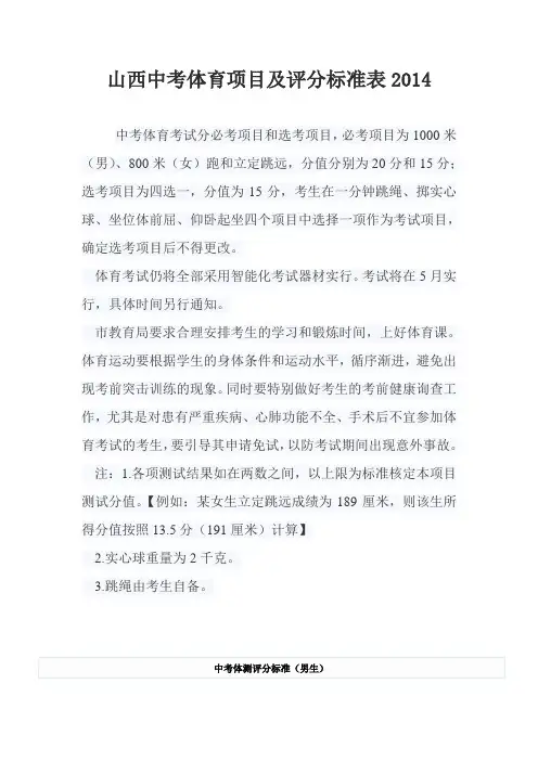 山西中考体育项目及评分标准表