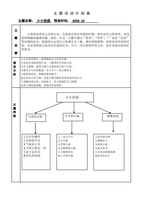幼儿园小班上学期十月主题计划：小小的我