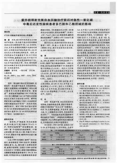 紫外线照射充氧自血回输治疗前后对急性一氧化碳中毒后迟发性脑病患者多巴胺和乙酰胆碱的影响