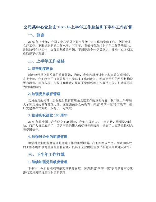 公司某中心党总支2023年上半年工作总结和下半年工作打算