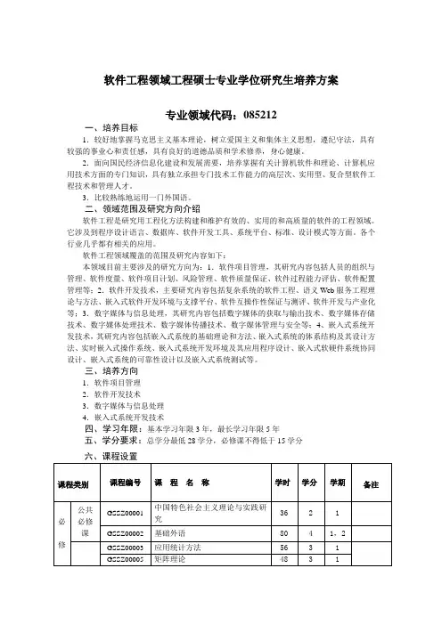 软件工程领域工程硕士专业学位研究生培养方案