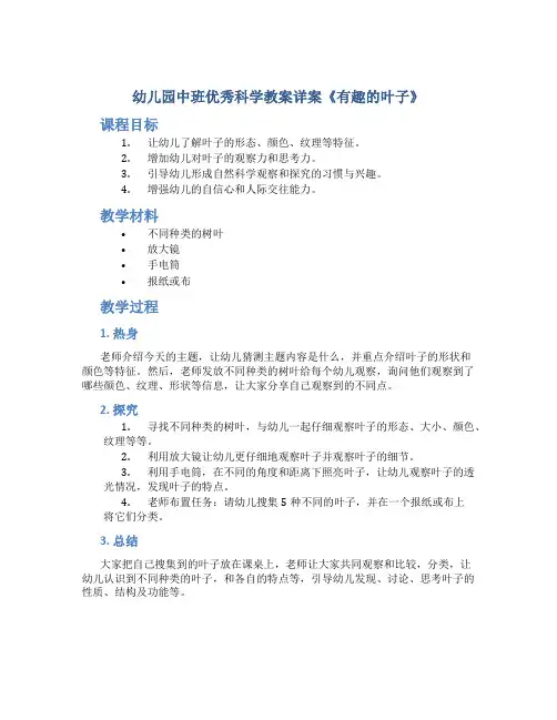 幼儿园中班优秀科学教案详案《有趣的叶子》