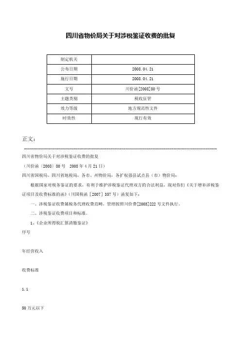 四川省物价局关于对涉税鉴证收费的批复-川价函[2008]80号