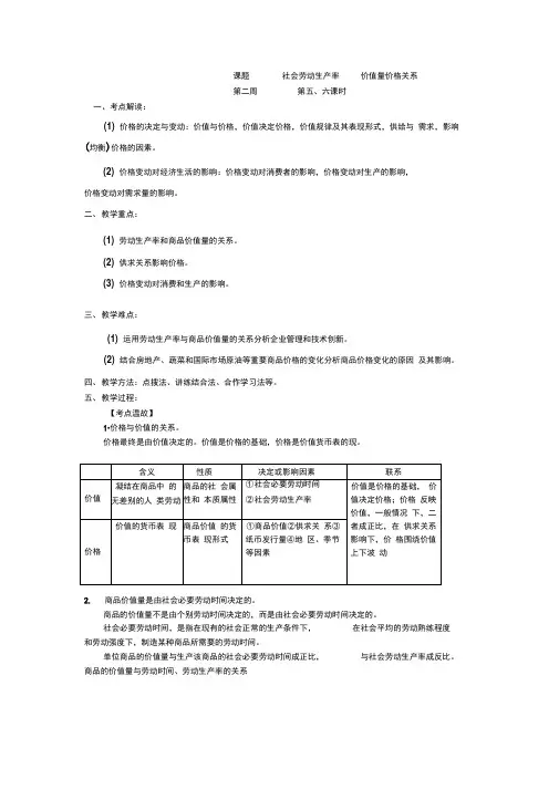 课题社会劳动生产率价值量价格关系