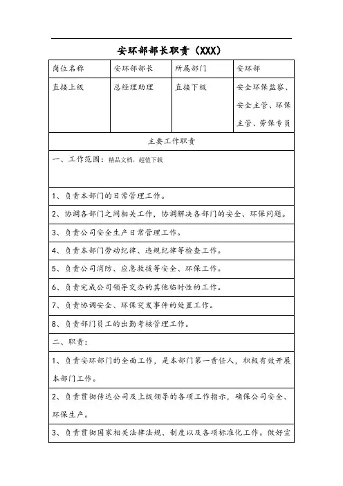 安环部部长职责