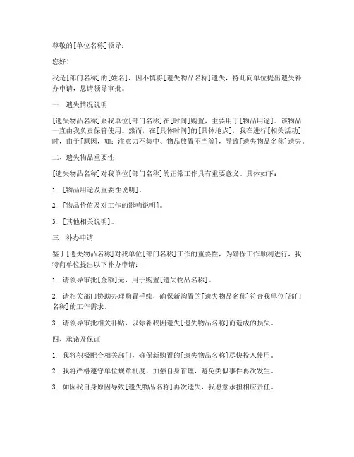 遗失补办申请书示例