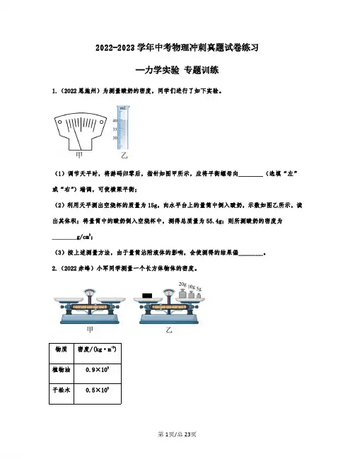 2022-2023学年中考物理冲刺真题练习——力学实验 专题训练含答案)