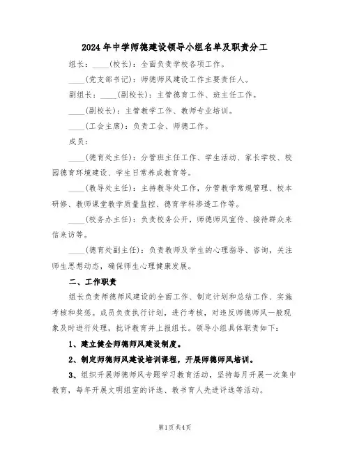 2024年中学师德建设领导小组名单及职责分工(二篇)