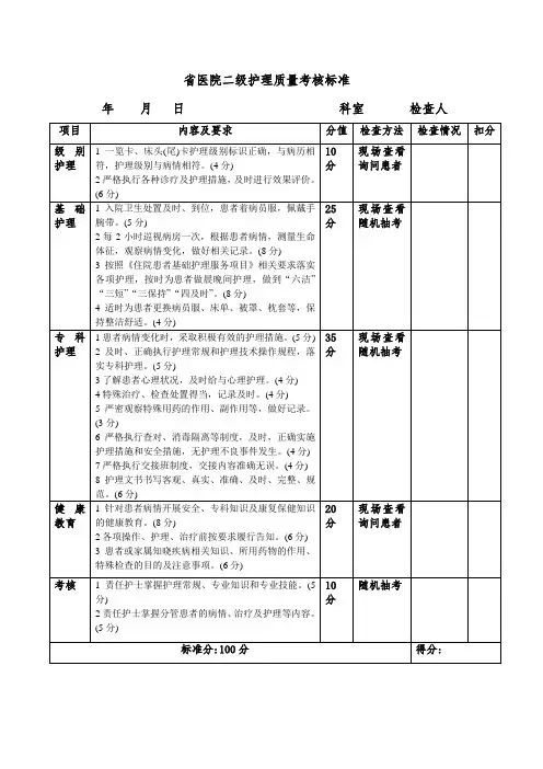 省医院二级护理质量考核标准