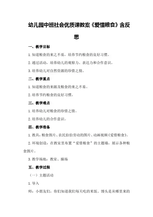 幼儿园中班社会优质课教案《爱惜粮食》含反思