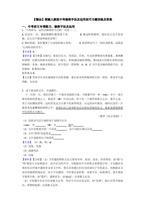 【精品】部编人教版中考修辞手法及运用技巧习题训练及答案