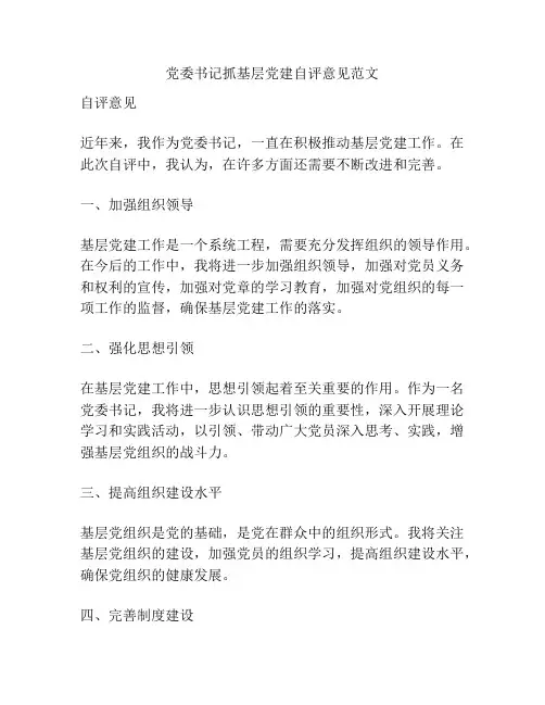 党委书记抓基层党建自评意见范文