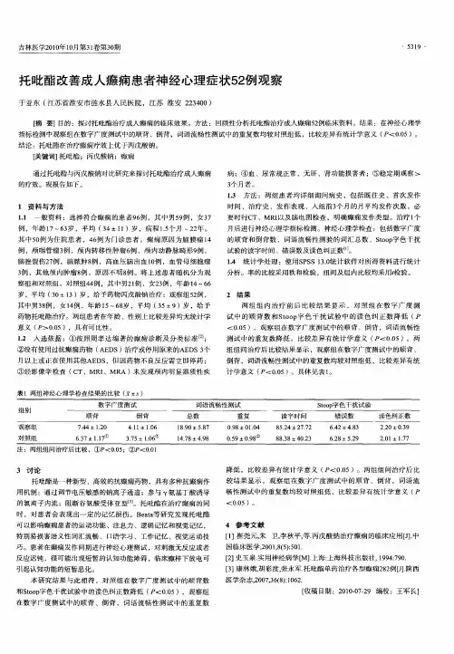 托吡酯改善成人癫痫患者神经心理症状52例观察