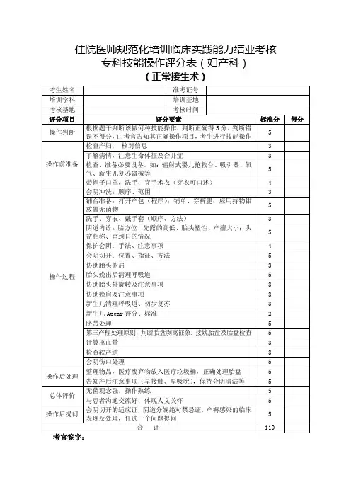 住院医师规范化培训临床实践能力结业考核专科技能操作评分表(妇产科)正常接生术