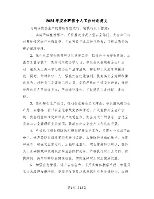2024年安全环保个人工作计划范文（五篇）