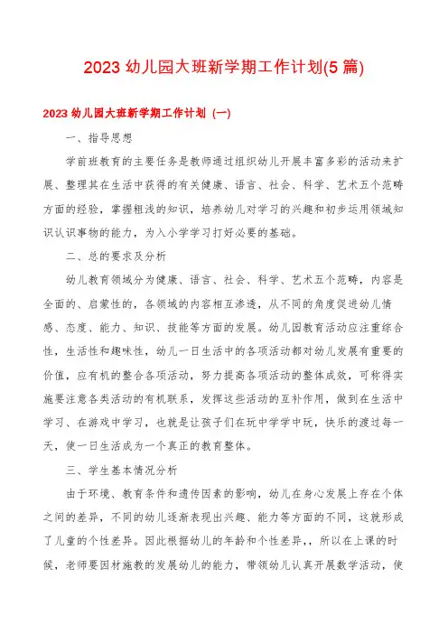 2023幼儿园大班新学期工作计划(5篇)