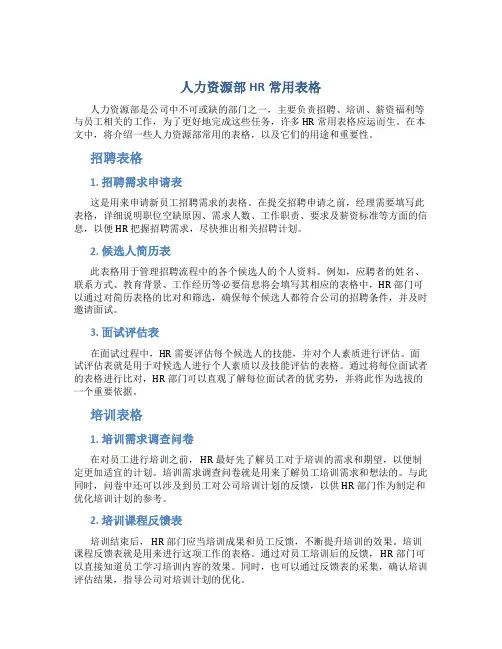 人力资源部HR常用表格