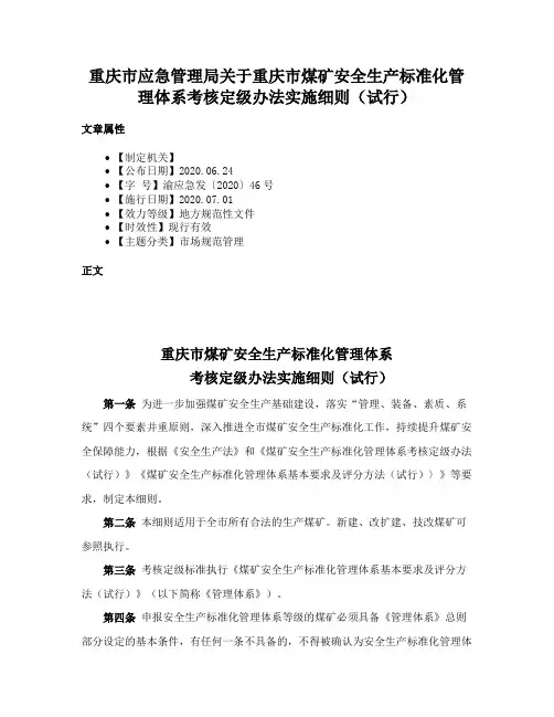 重庆市应急管理局关于重庆市煤矿安全生产标准化管理体系考核定级办法实施细则（试行）