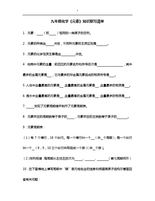 九年级化学《元素》知识默写清单