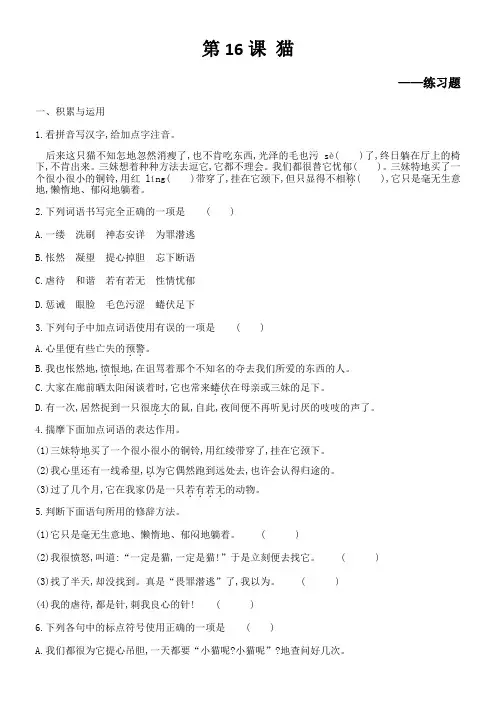 初中语文人教七年级上册(2023年新编) 猫练习题
