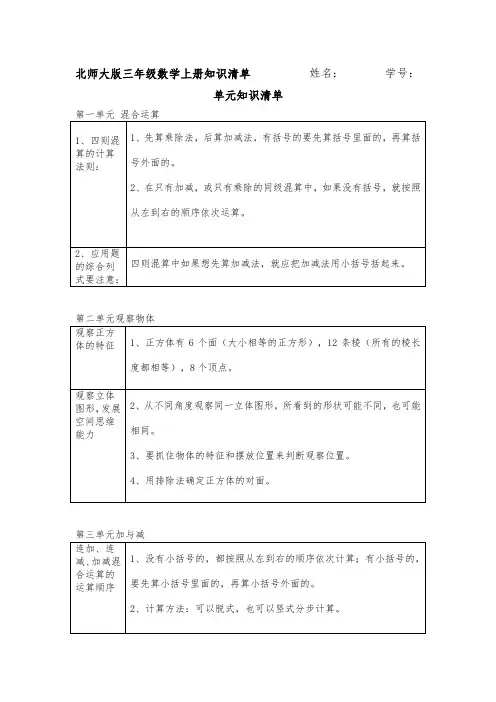 北师大版三年级数学上册各单元知识清单 归纳总结